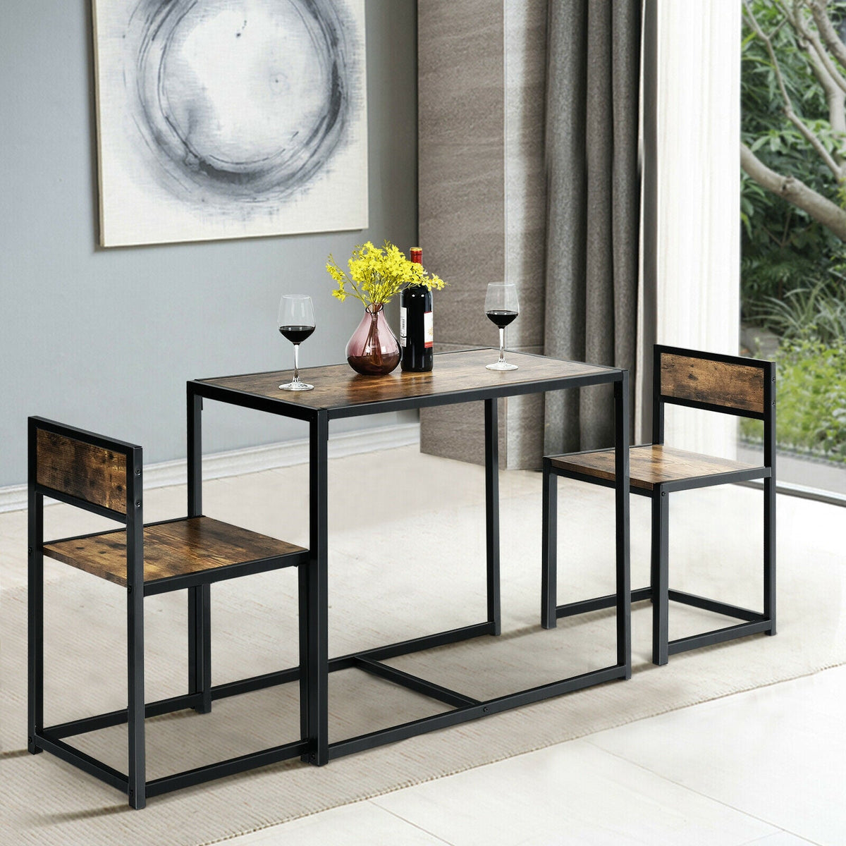 3 Pcs Dining Set Compact Table and 2 Chair with Metal Frame