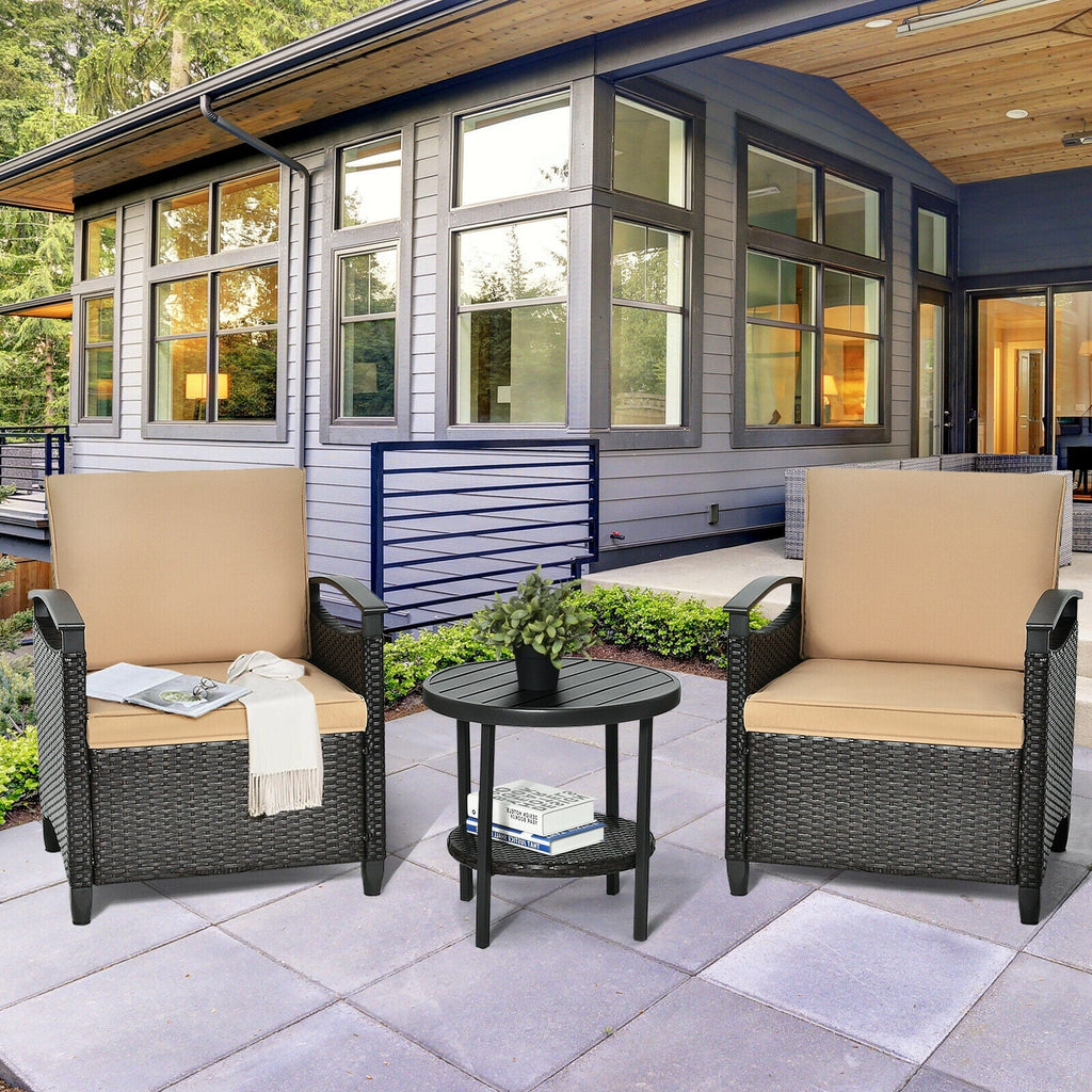 3 Pieces Patio Rattan Set Cushioned Sofa Storage Table with Shelf