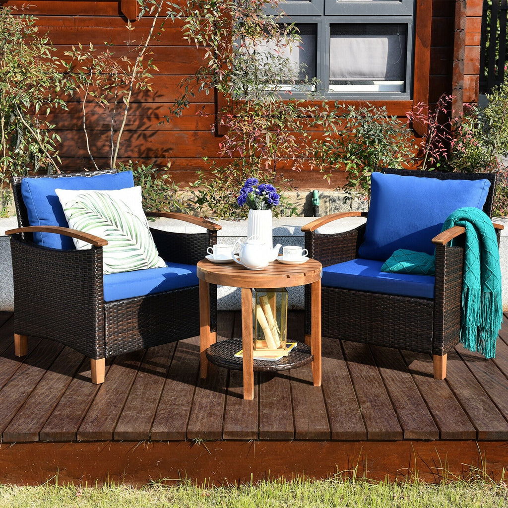 3 Pieces Patio Rattan Set with Washable Cushion and Acacia Tabletop