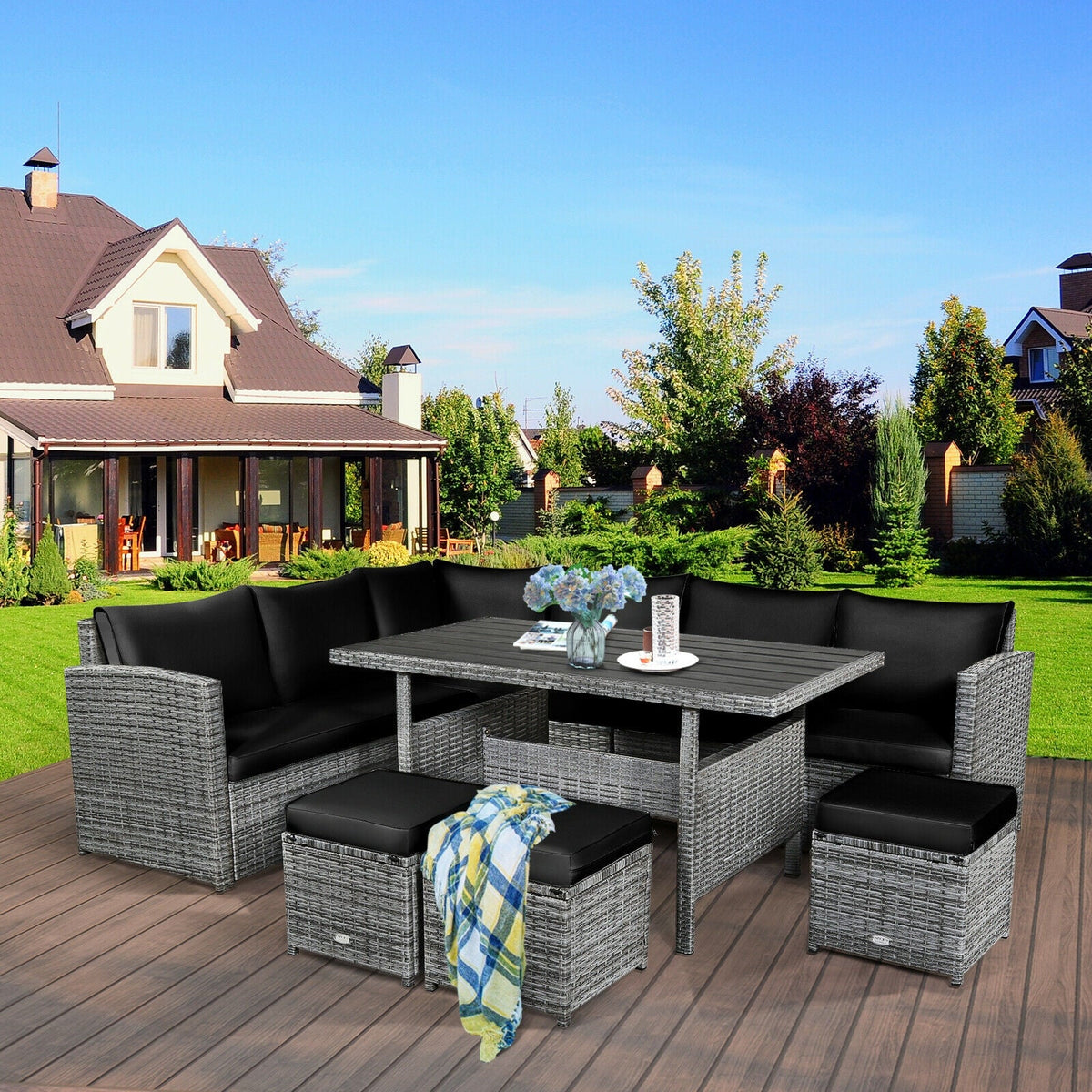 7 Pieces Patio Rattan Dining Sectional Sofa Set with Wicker Ottoman
