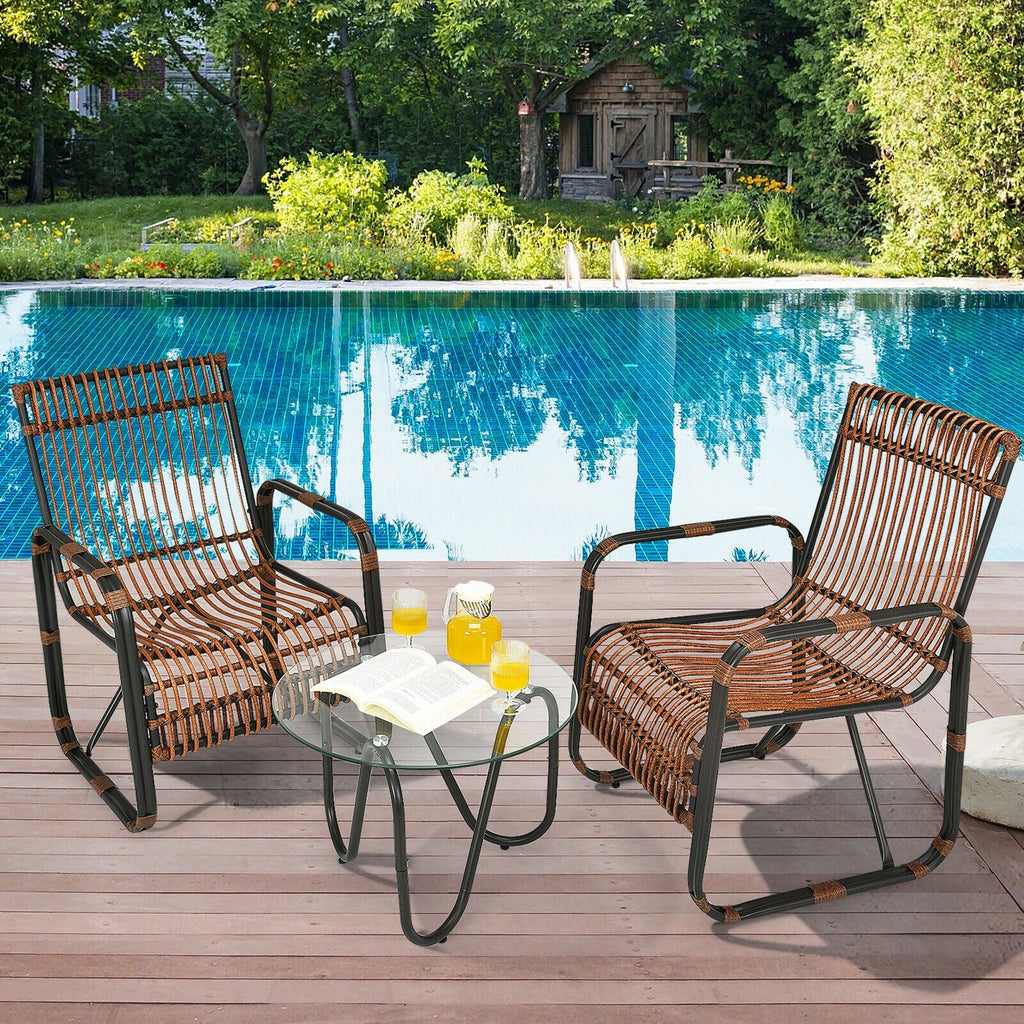 3 Pieces Patio Rattan Set with 2 Single Wicker Chairs and Glass Side Table