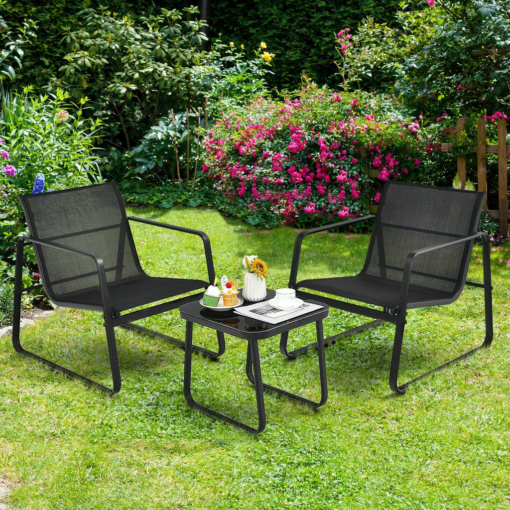 3 Pieces Patio Set with Glass Top Table Garden Deck-Black