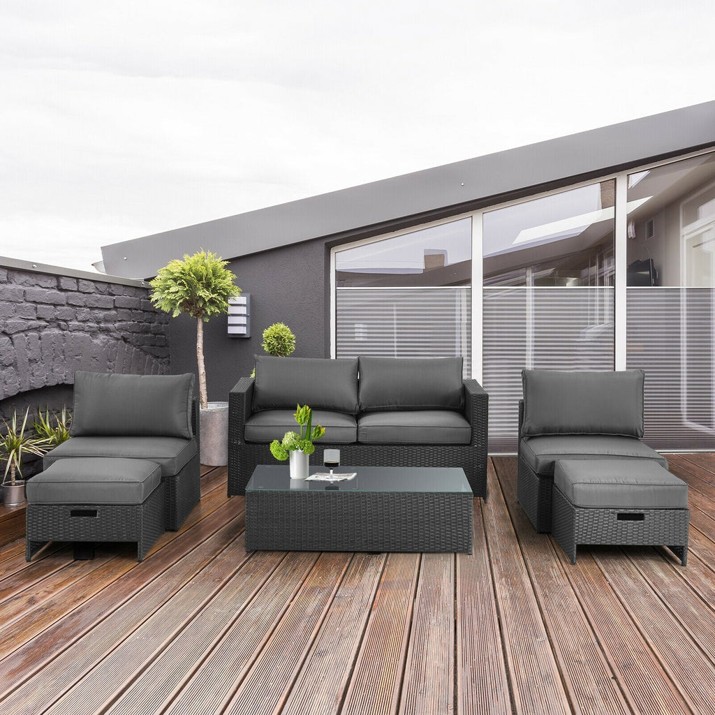 6 Pieces Patio Rattan Set with Glass Table and Cushioned Seat-Gray