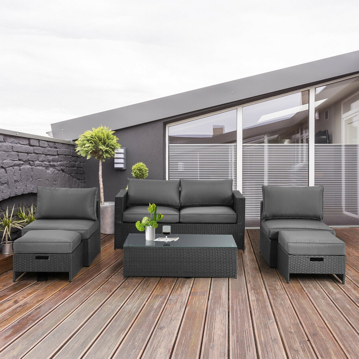 6 Pieces Patio Rattan Set with Glass Table and Cushioned Seat-Gray