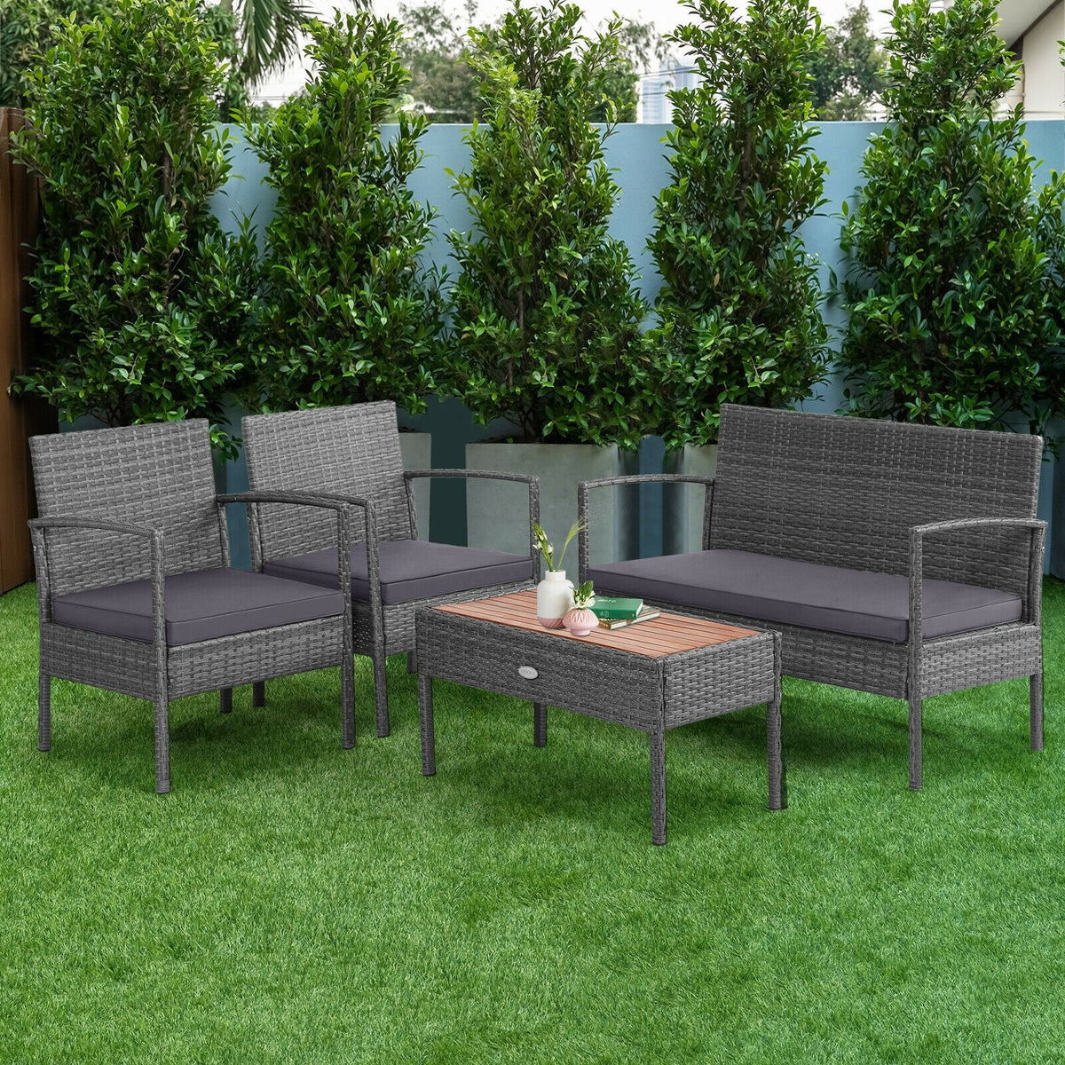 4 Pieces Rattan Patio Conversation Set with Acacia Wood Tabletop