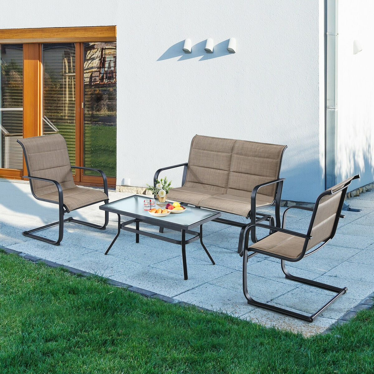 4 Pieces Patio Set with Padded Glider Loveseat and Coffee Table-Brown
