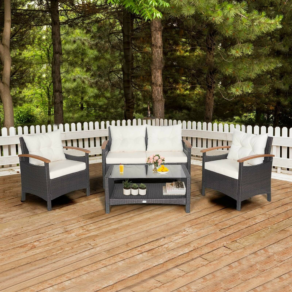 4 Pieces Patio Rattan Set with Cushioned Sofa and Storage Table