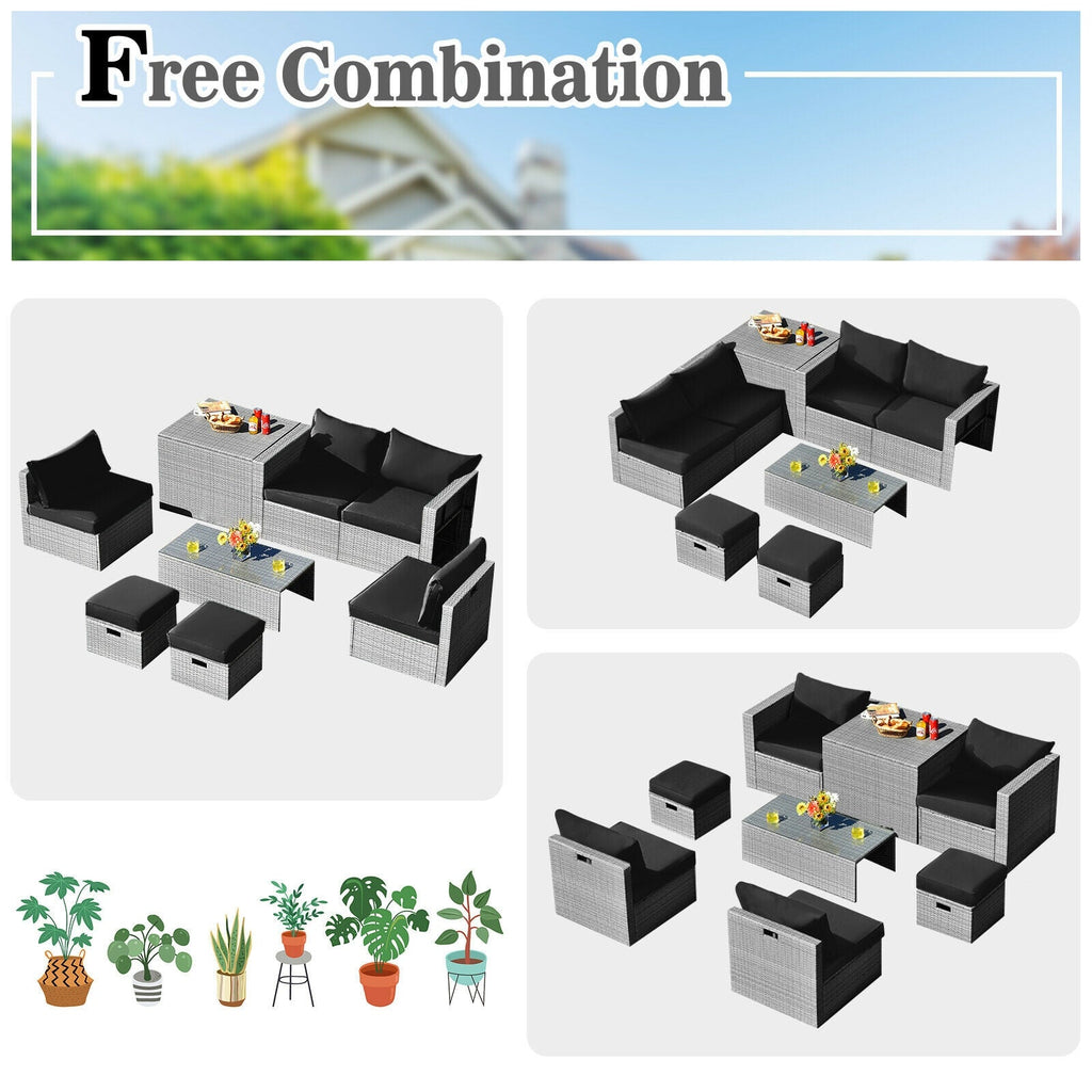 8 Pieces Patio Rattan Set with Storage Waterproof Cover and Cushion