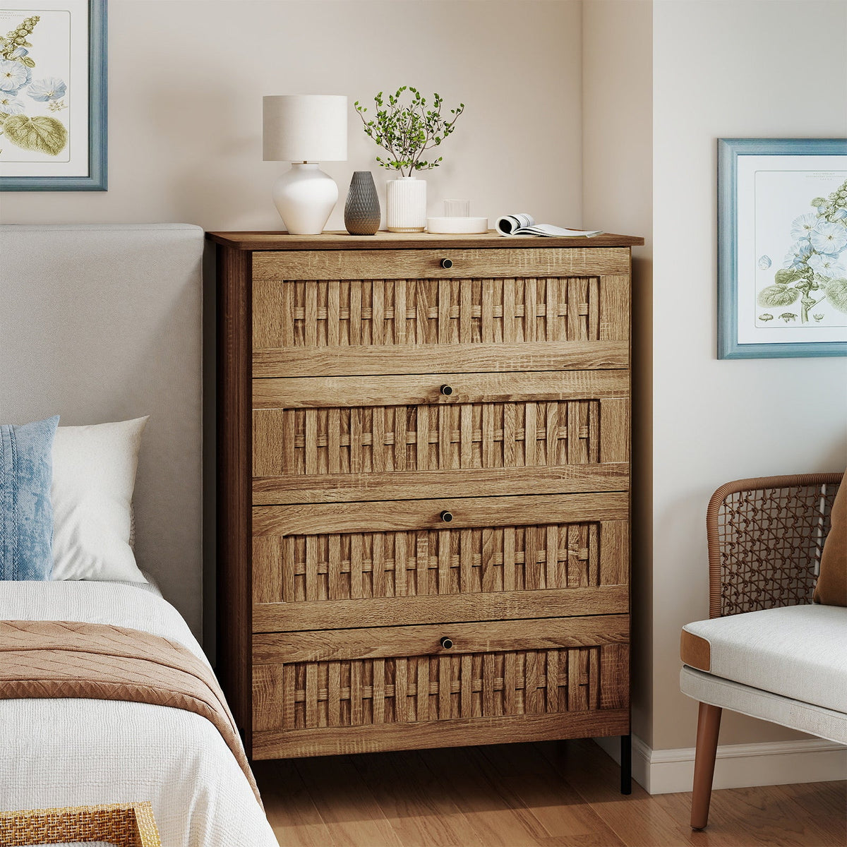 4-Drawer Dresser with Interlocking Mechanism and Metal Legs for Bedroom-Oak