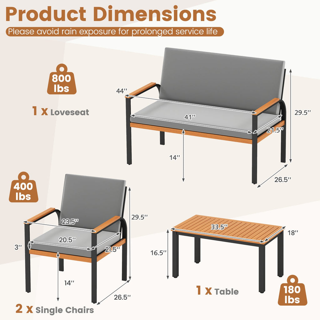 4 Piece Patio Set with Coffee Table, Loveseat with Removable Cushions
