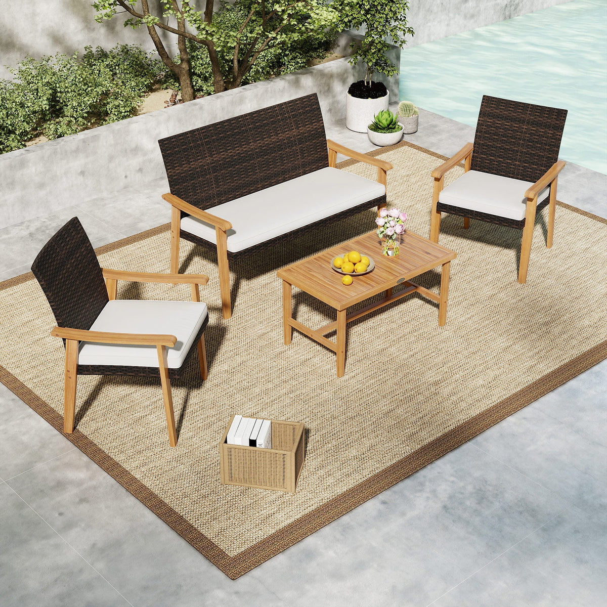 4 Piece Patio Set Rattan Chairs with Acacia Wood Coffee Table