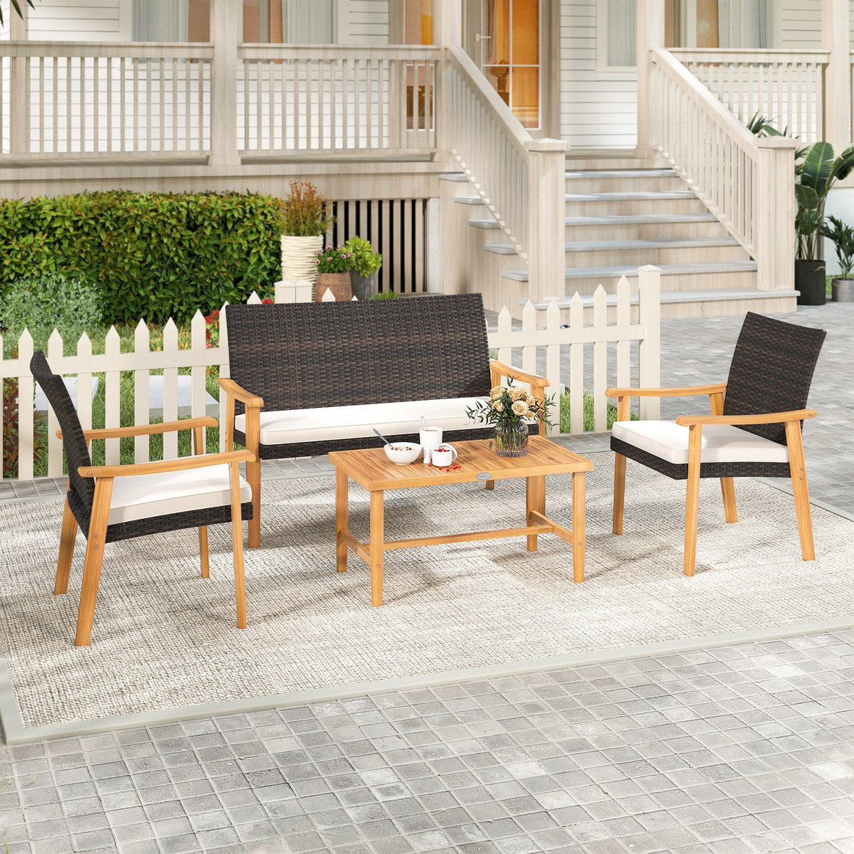 4 Piece Patio Set Rattan Chairs with Acacia Wood Coffee Table
