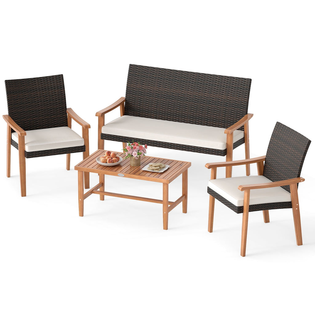 4 Piece Patio Set Rattan Chairs with Acacia Wood Coffee Table