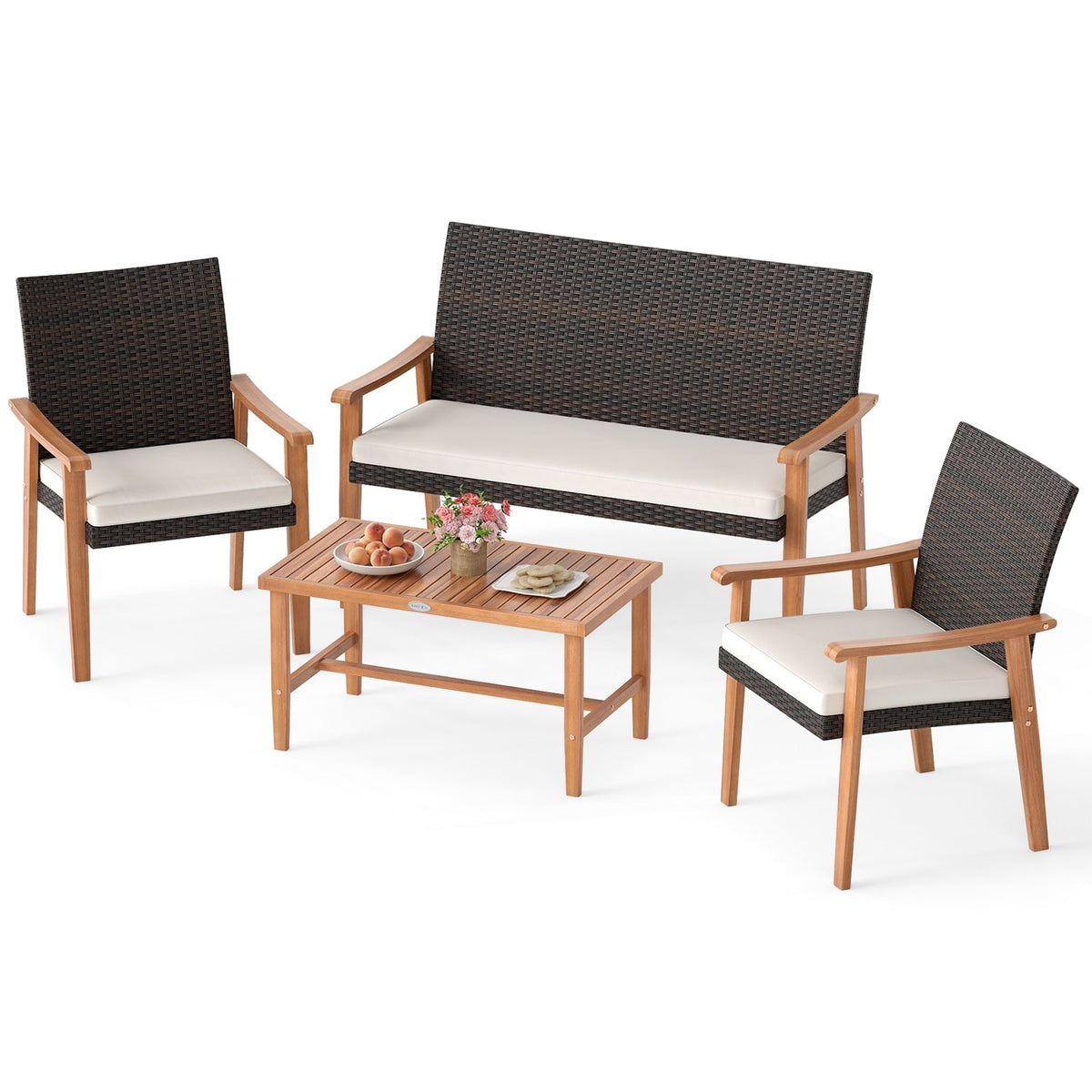 4 Piece Patio Set Rattan Chairs with Acacia Wood Coffee Table