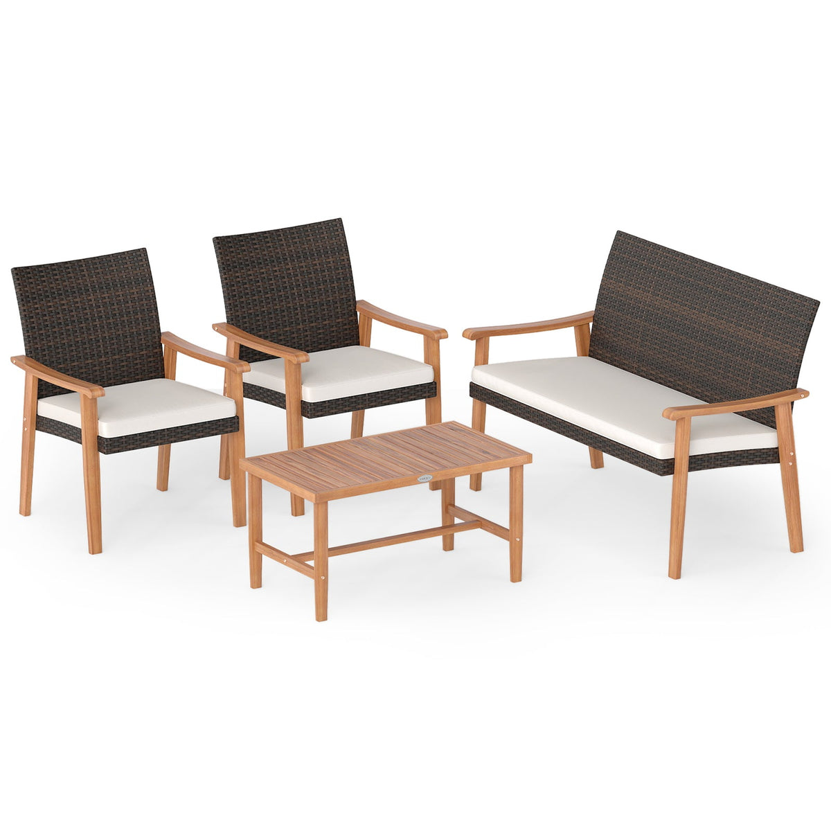 4 Piece Patio Set Rattan Chairs with Acacia Wood Coffee Table