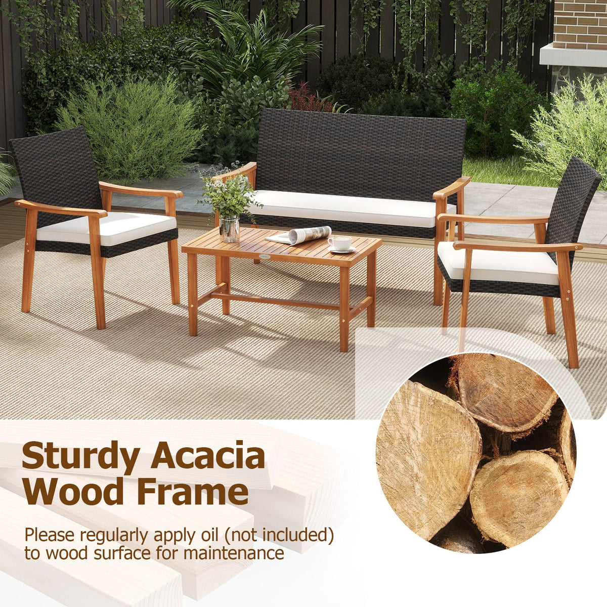 4 Piece Patio Set Rattan Chairs with Acacia Wood Coffee Table