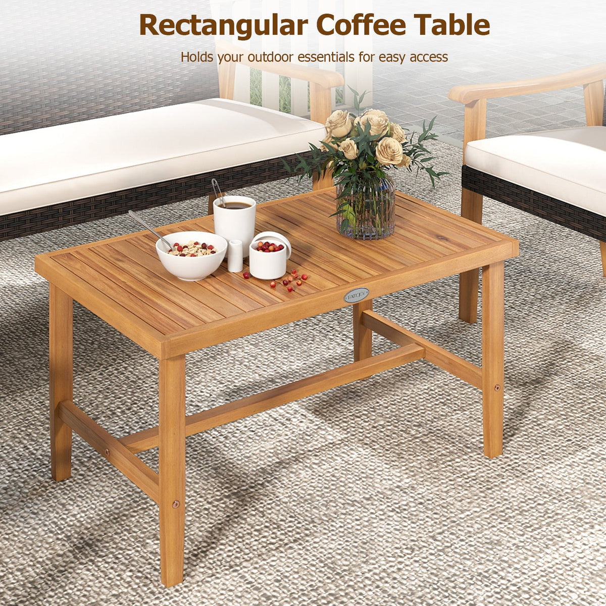 4 Piece Patio Set Rattan Chairs with Acacia Wood Coffee Table