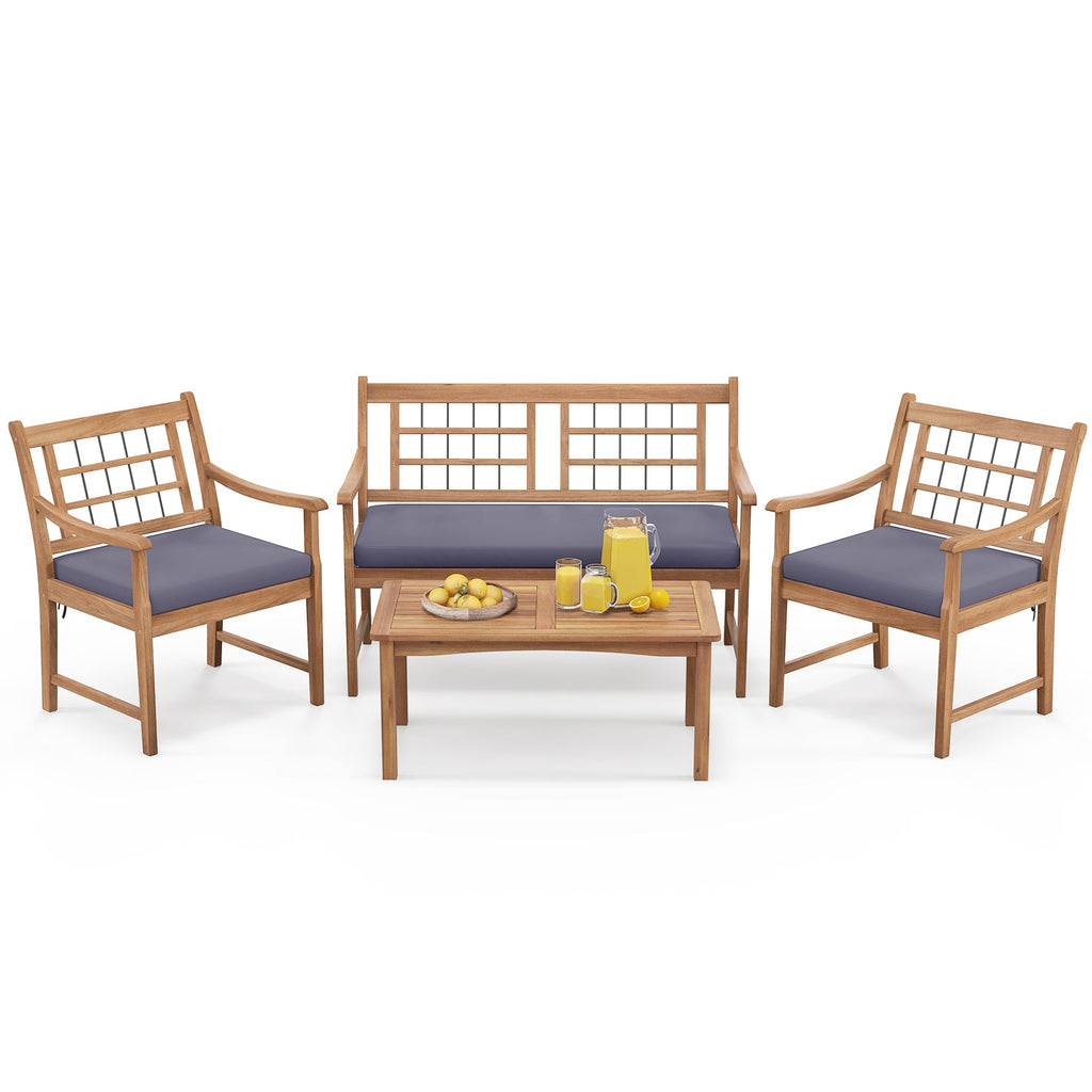 4 Piece Wood Patio Furniture with Armchairs Loveseat and Coffee Table