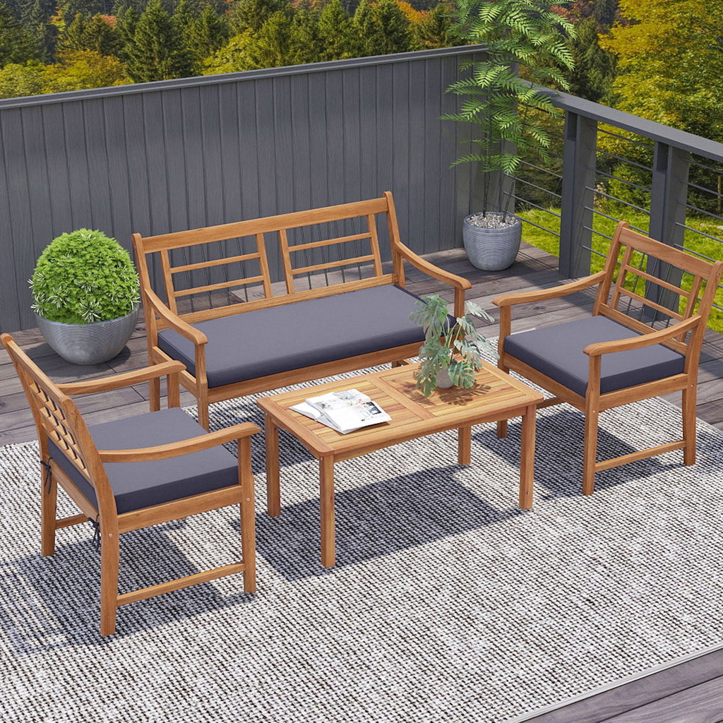 4 Piece Wood Patio Furniture with Armchairs Loveseat and Coffee Table