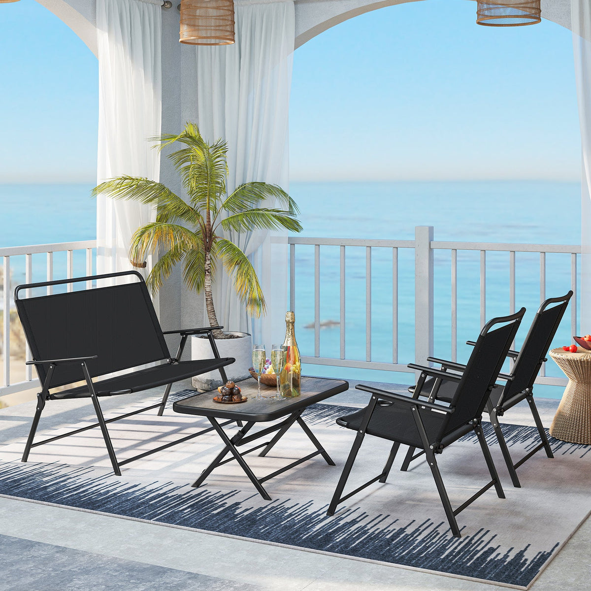 4 Pieces Patio Folding Set with Coffee Table and Patio Chairs-Black
