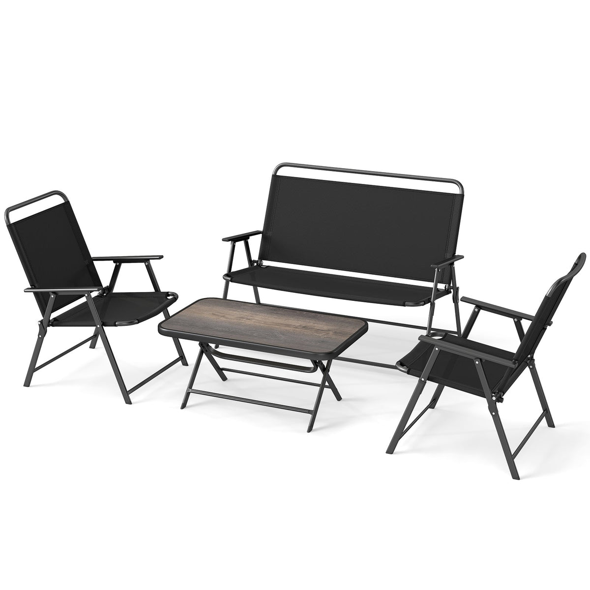 4 Pieces Patio Folding Set with Coffee Table and Patio Chairs-Black