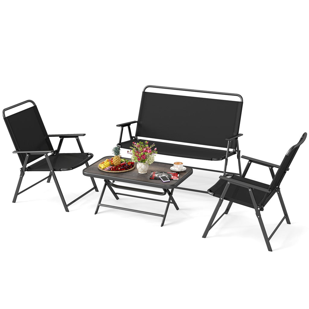 4 Pieces Patio Folding Set with Coffee Table and Patio Chairs-Black