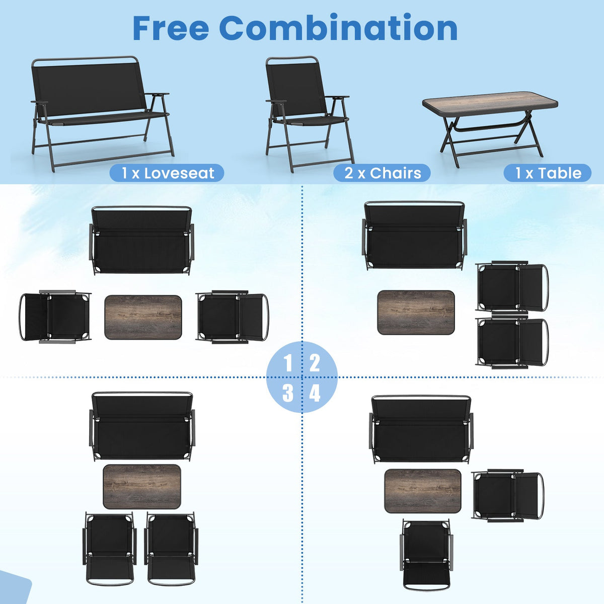4 Pieces Patio Folding Set with Coffee Table and Patio Chairs-Black