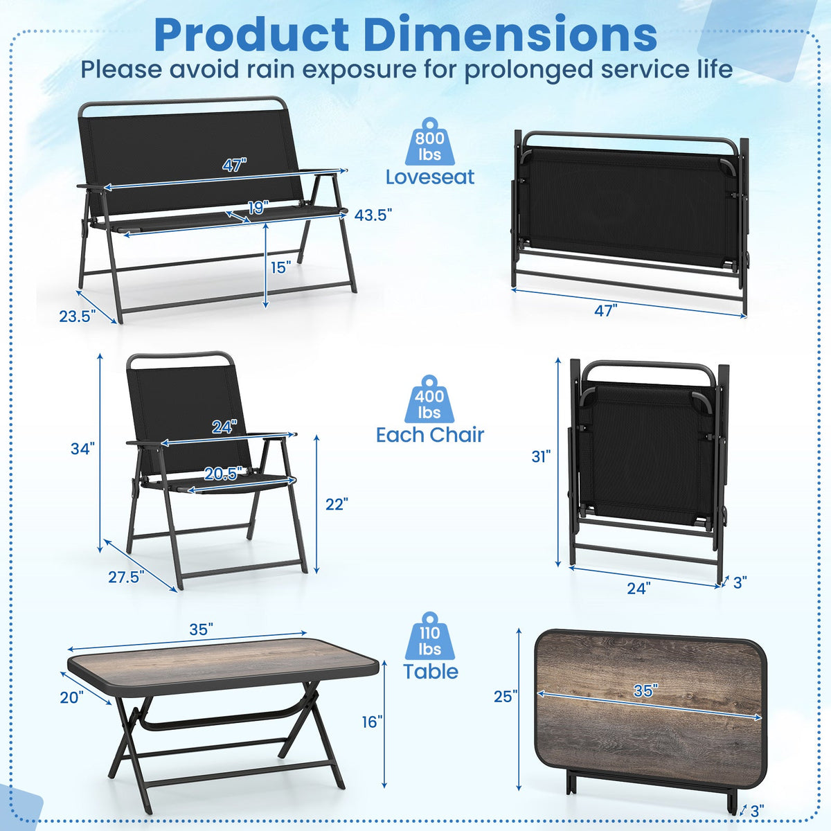 4 Pieces Patio Folding Set with Coffee Table and Patio Chairs-Black