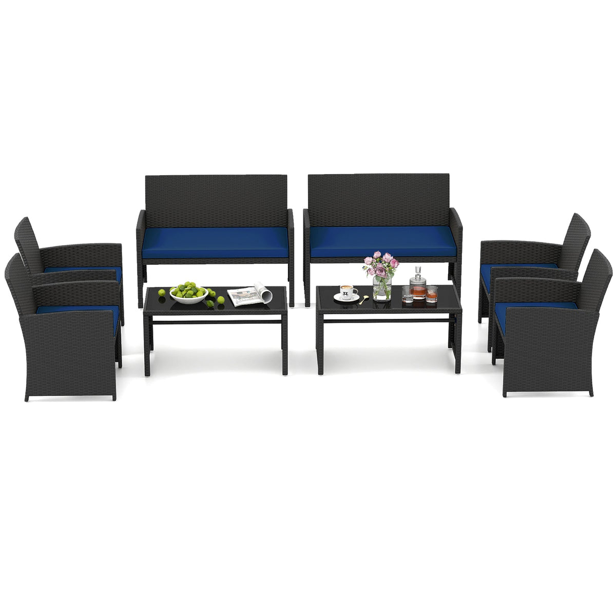 4 Pieces Patio Set with Tempered Glass Tabletop and Removable Cushion