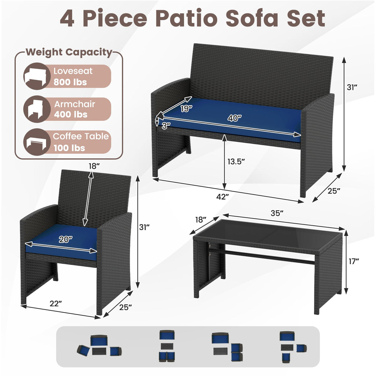 4 Pieces Patio Set with Tempered Glass Tabletop and Removable Cushion