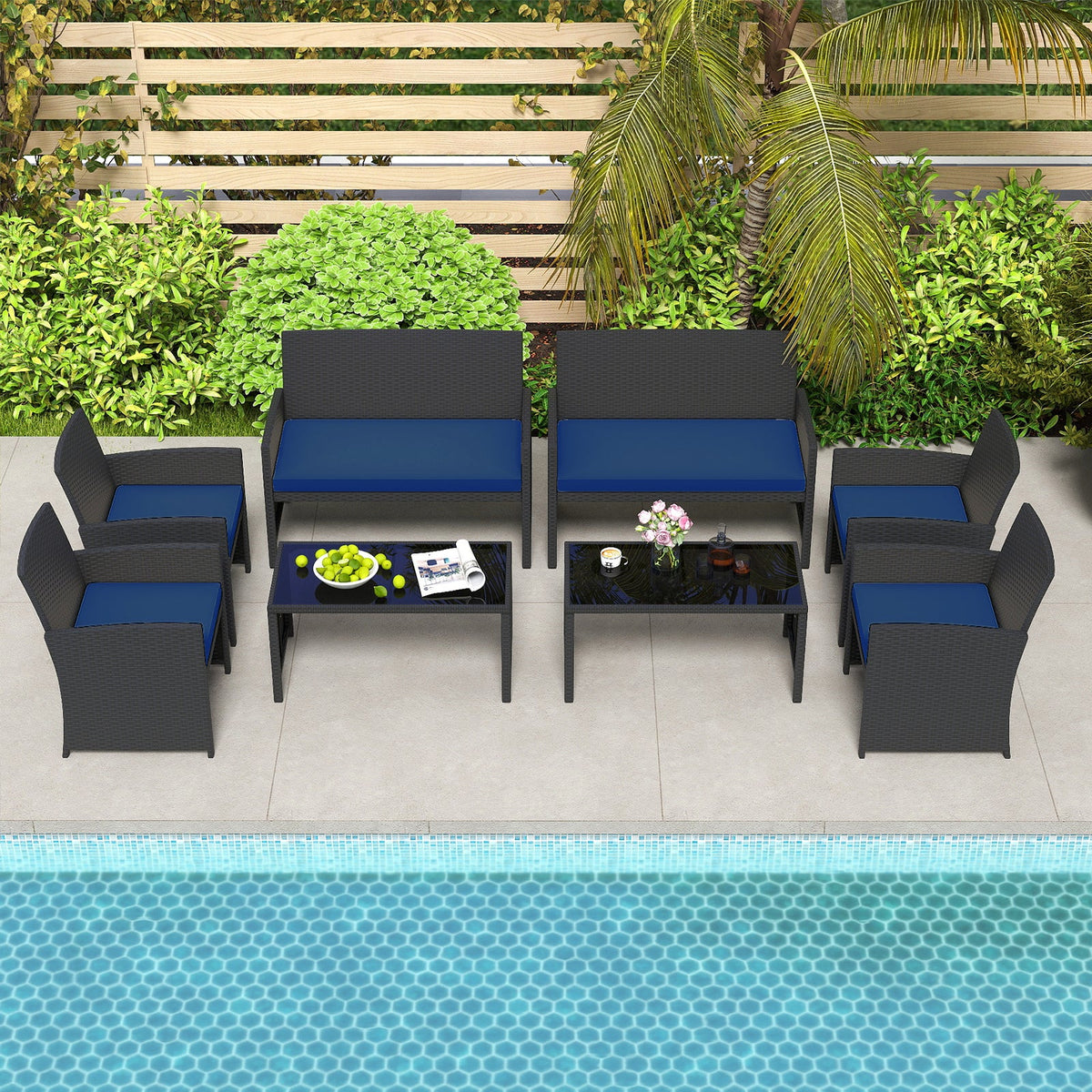 4 Pieces Patio Set with Tempered Glass Tabletop and Removable Cushion