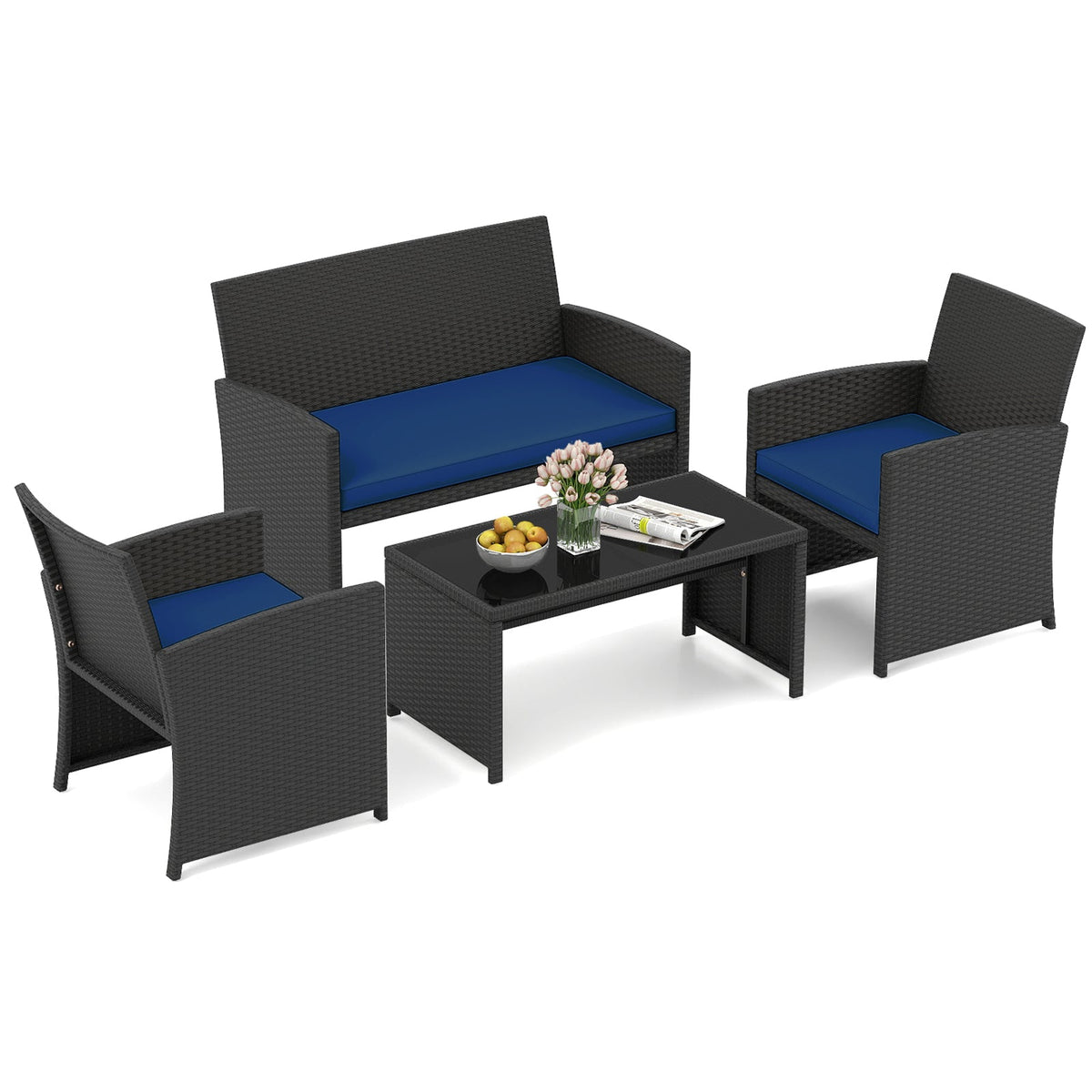 4 Pieces Patio Set with Tempered Glass Tabletop and Removable Cushion