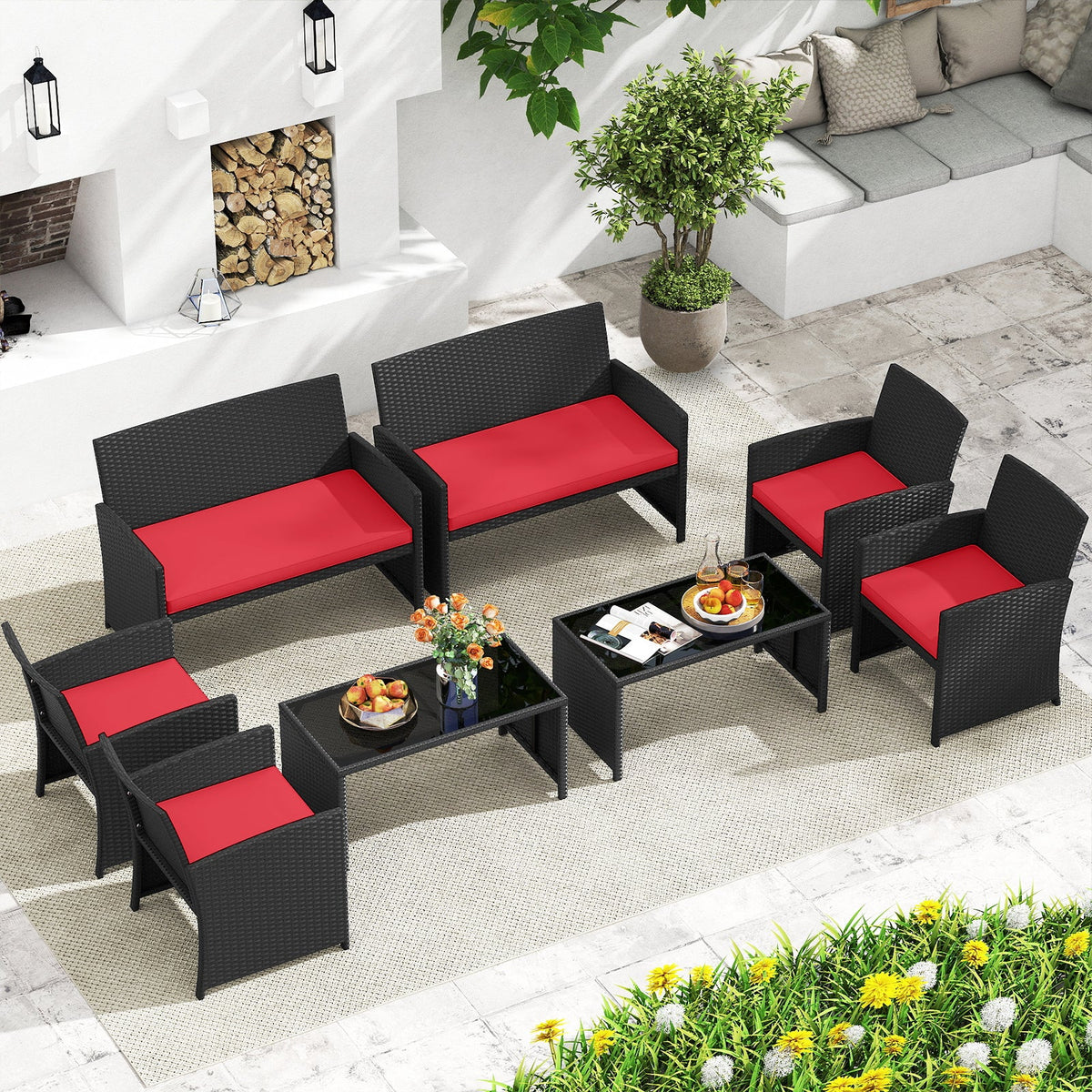 4 Pieces Patio Set with Tempered Glass Tabletop and Removable Cushion