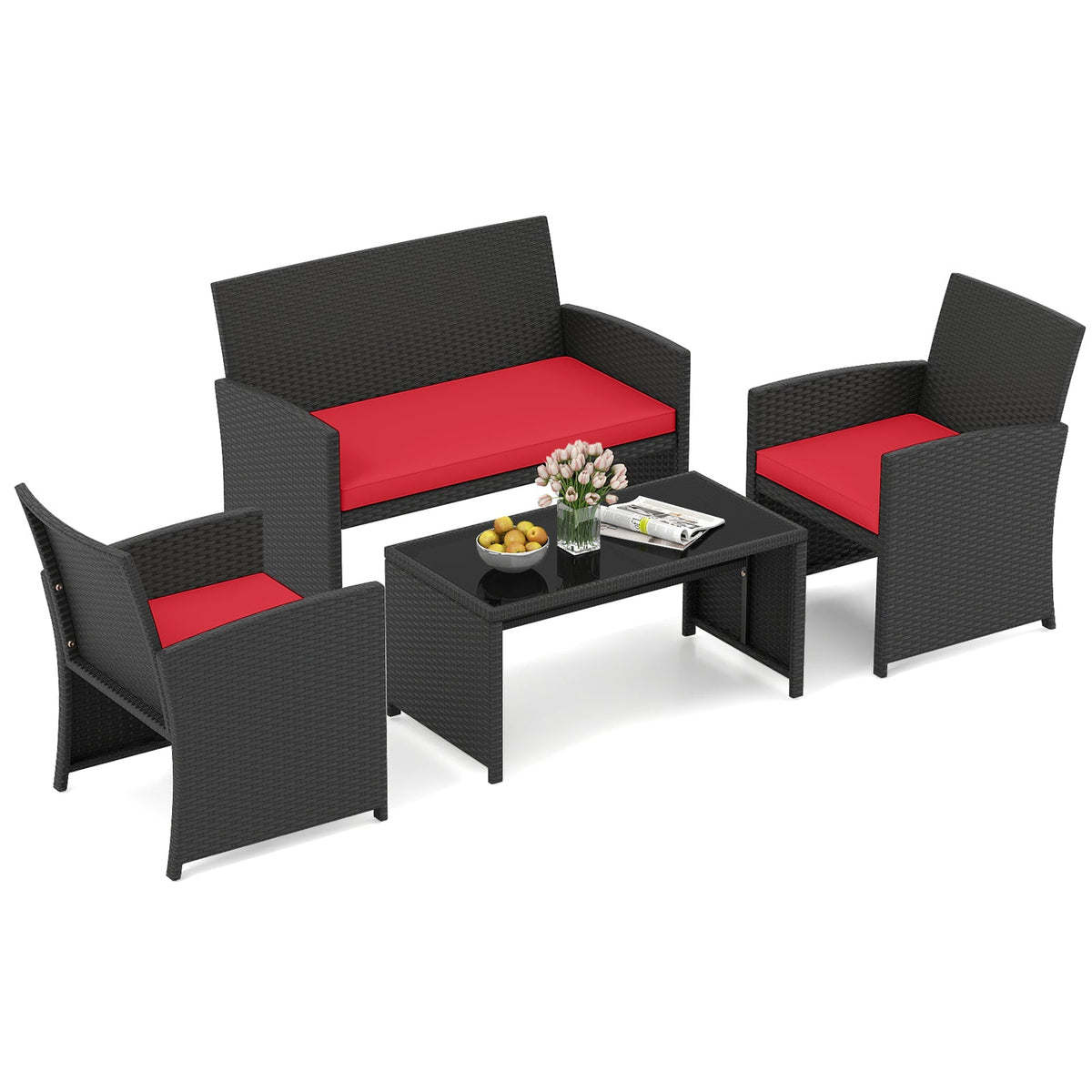 4 Pieces Patio Set with Tempered Glass Tabletop and Removable Cushion