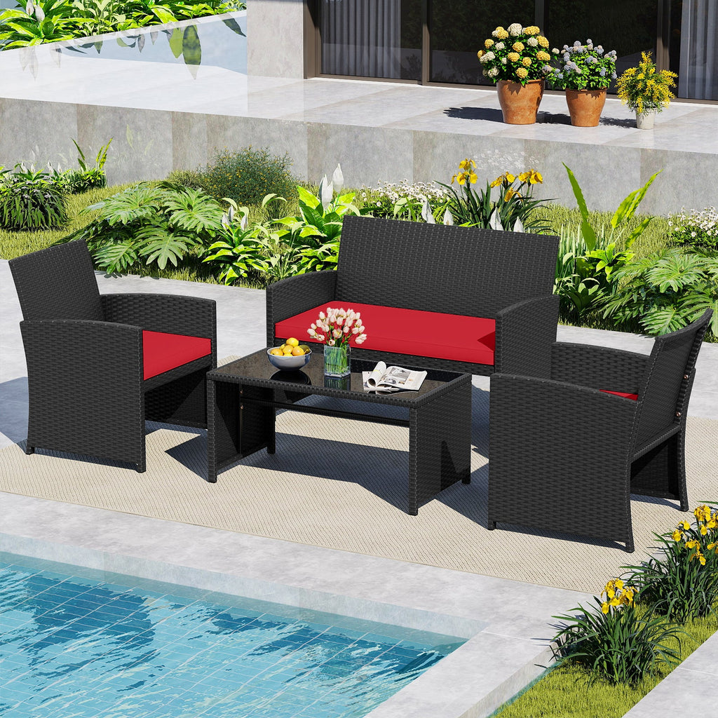 4 Pieces Patio Set with Tempered Glass Tabletop and Removable Cushion