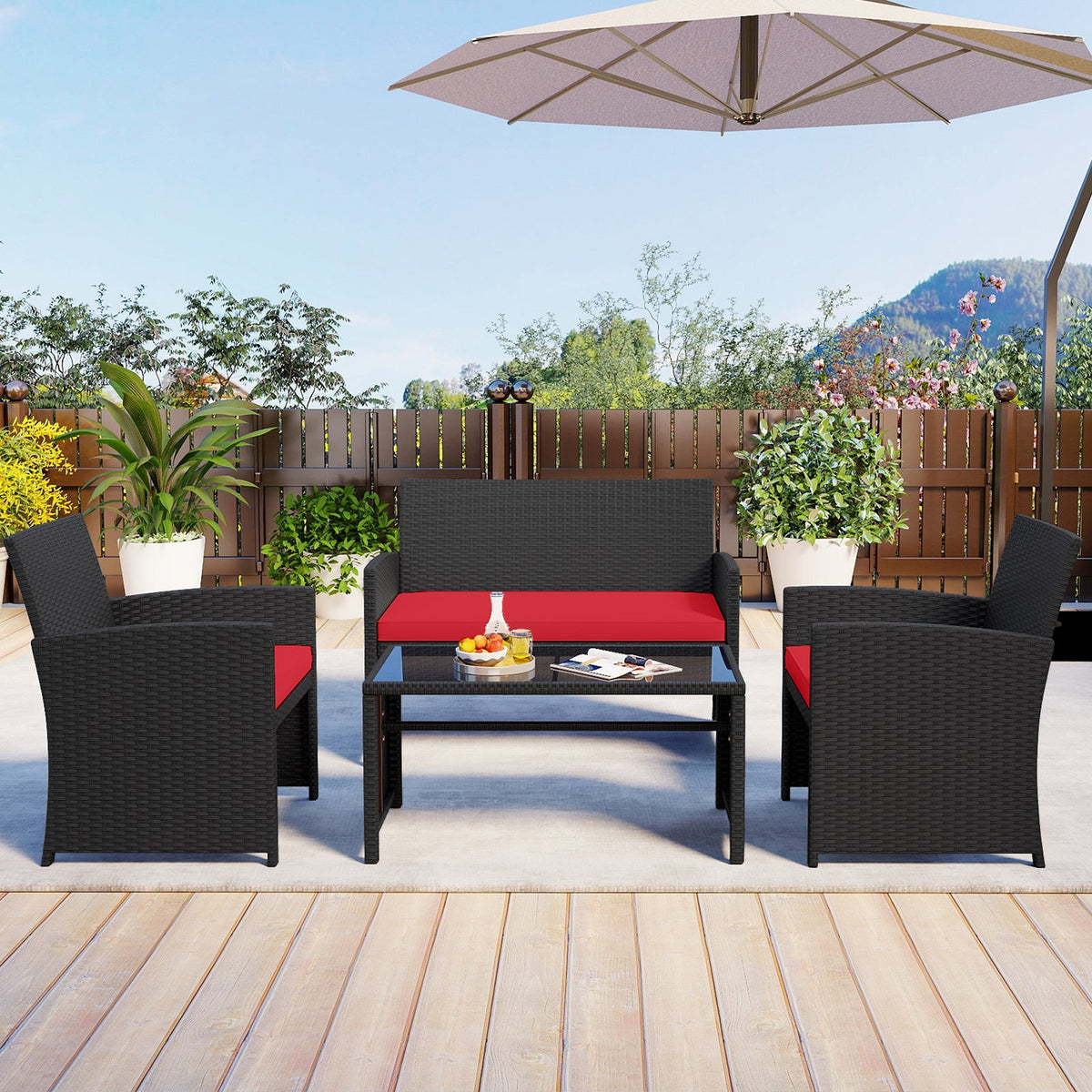 4 Pieces Patio Set with Tempered Glass Tabletop and Removable Cushion