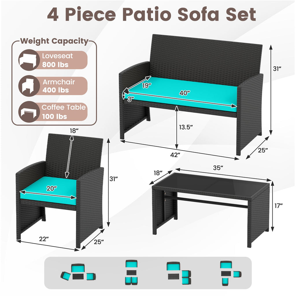 4 Pieces Patio Set with Tempered Glass Tabletop and Removable Cushion