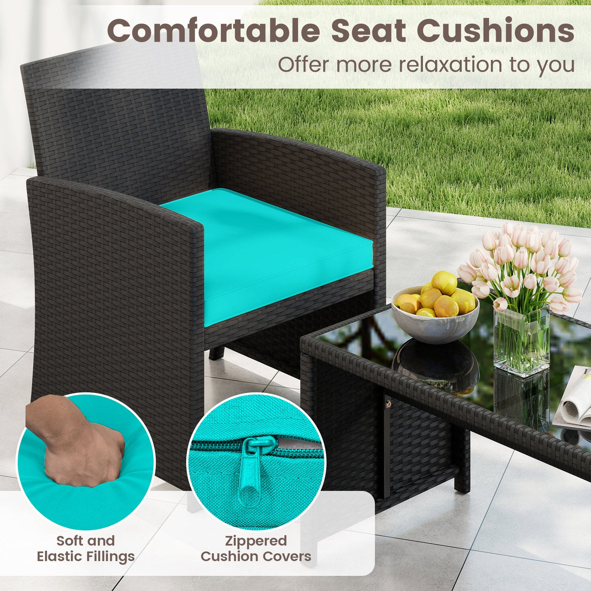 4 Pieces Patio Set with Tempered Glass Tabletop and Removable Cushion