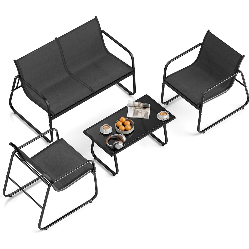 4 Pieces Patio Set Fabric Chairs and Loveseat with Glass Coffee Table