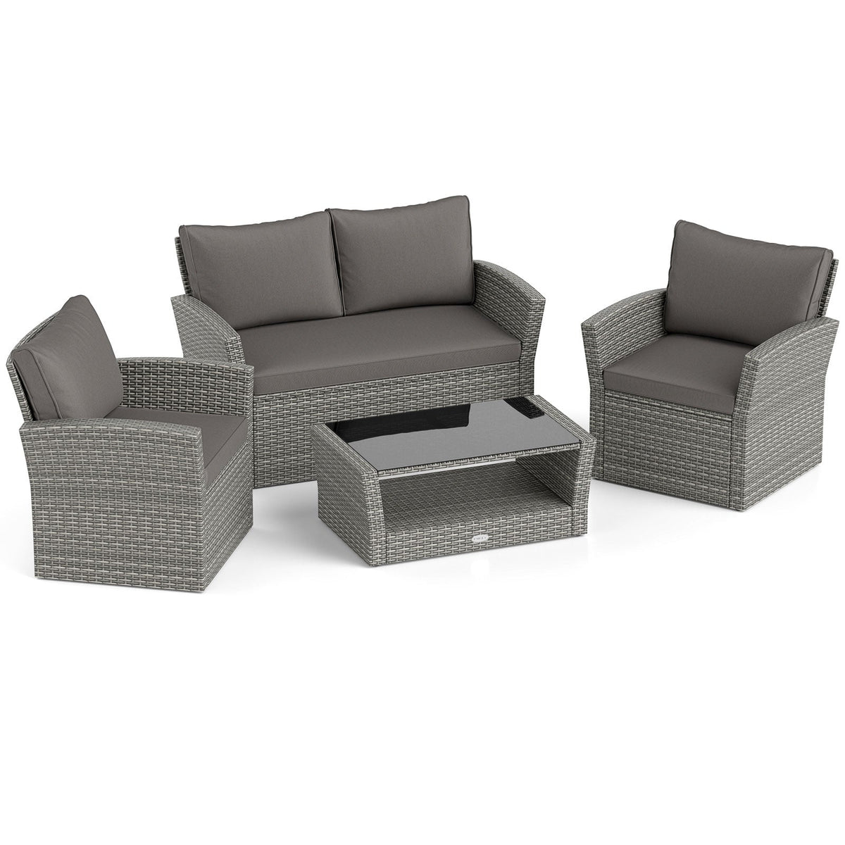 4 Pieces Patio Rattan Furniture Set Sofa Table with Storage Shelf Cushions