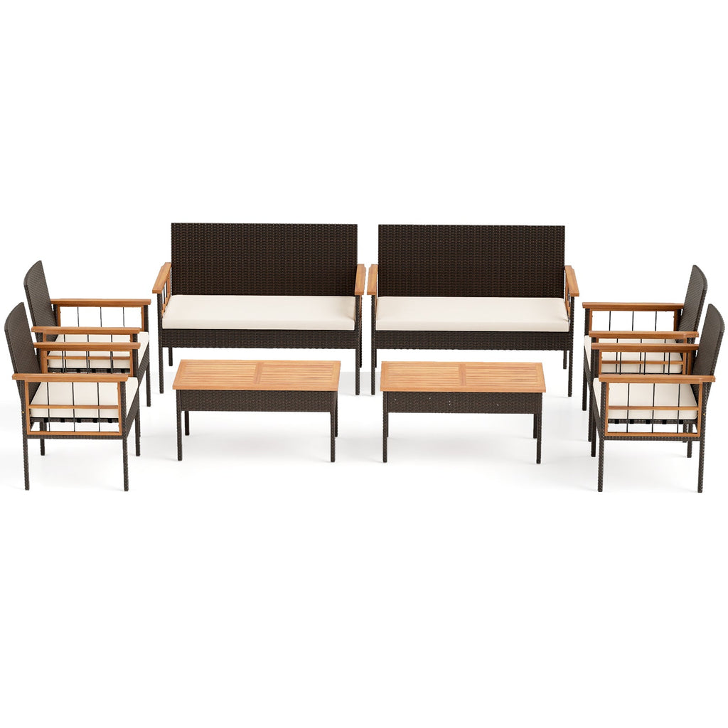 4 Pieces Wicker Furniture Set with Acacia Wood Tabletop and Armrests for Porch-White