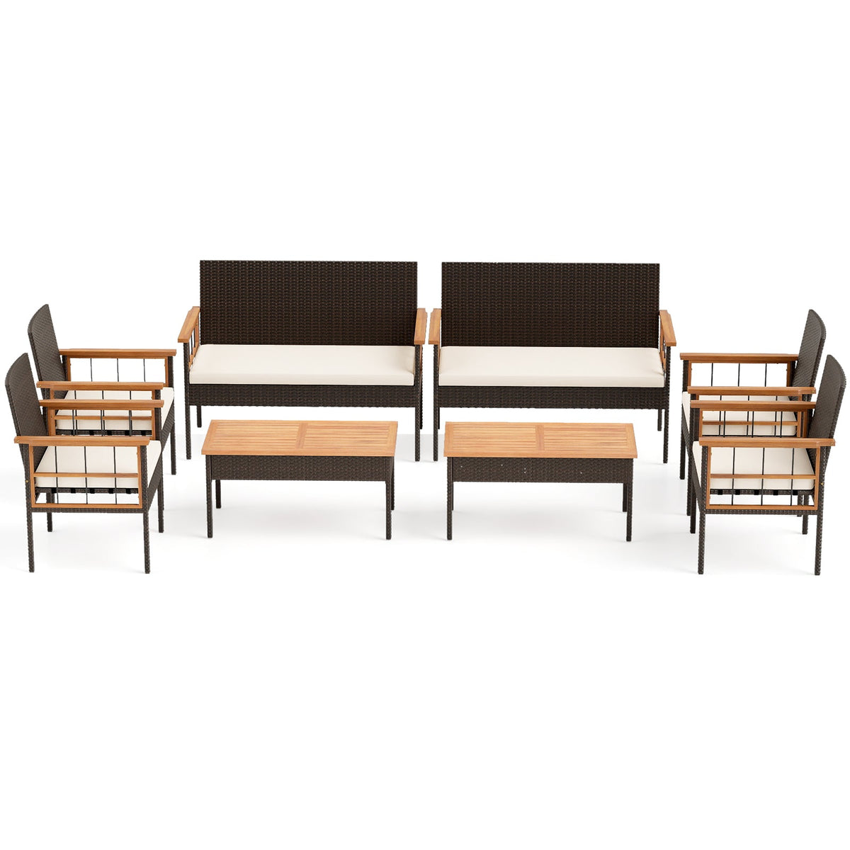 4 Pieces Wicker Furniture Set with Acacia Wood Tabletop and Armrests for Porch-White