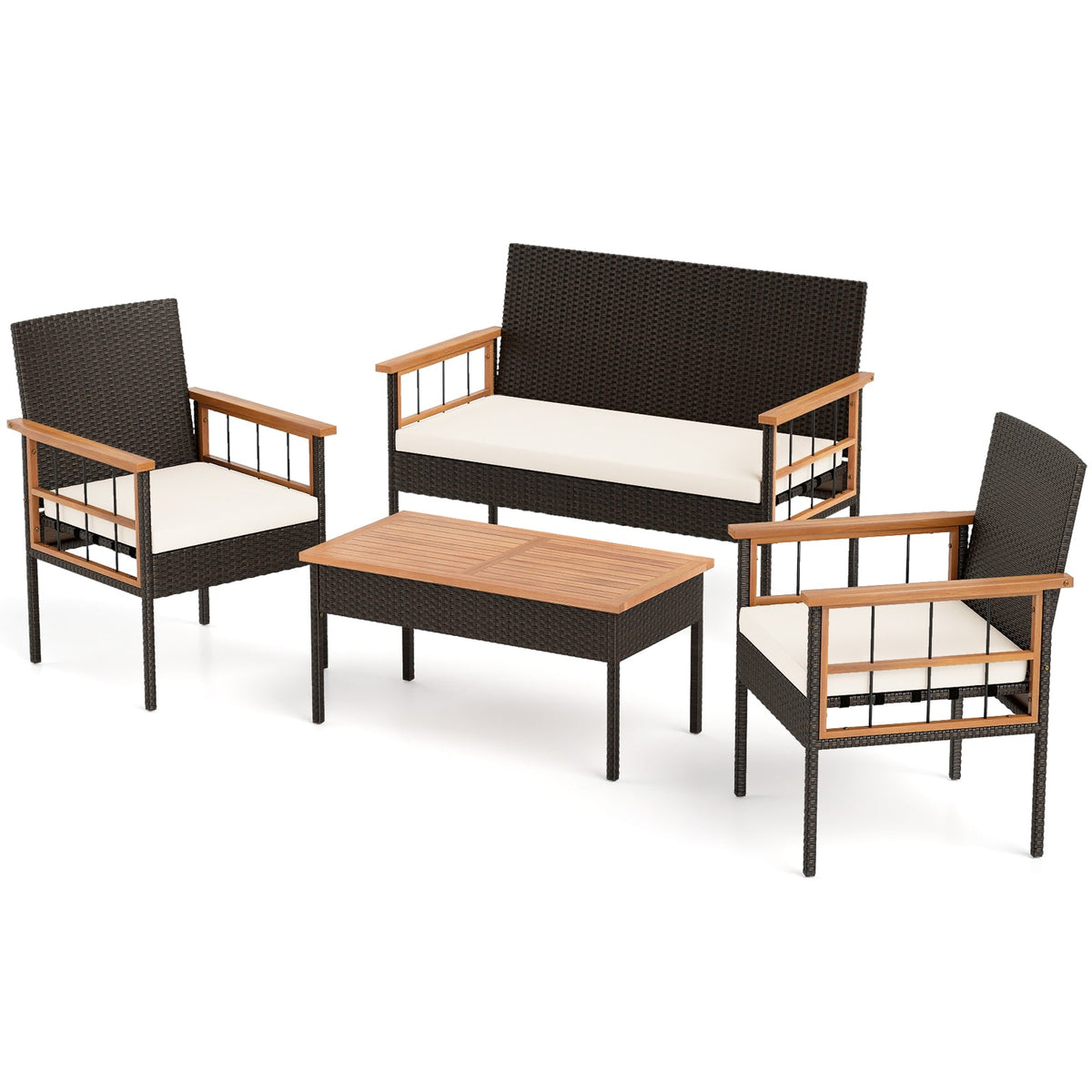 4 Pieces Wicker Furniture Set with Acacia Wood Tabletop and Armrests for Porch-White