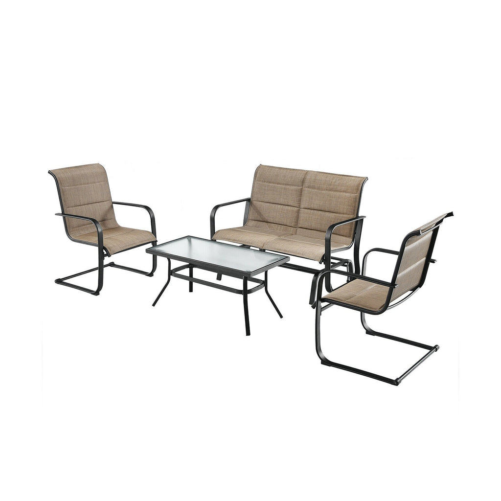 4 Pieces Patio Set with Padded Glider Loveseat and Coffee Table-Brown