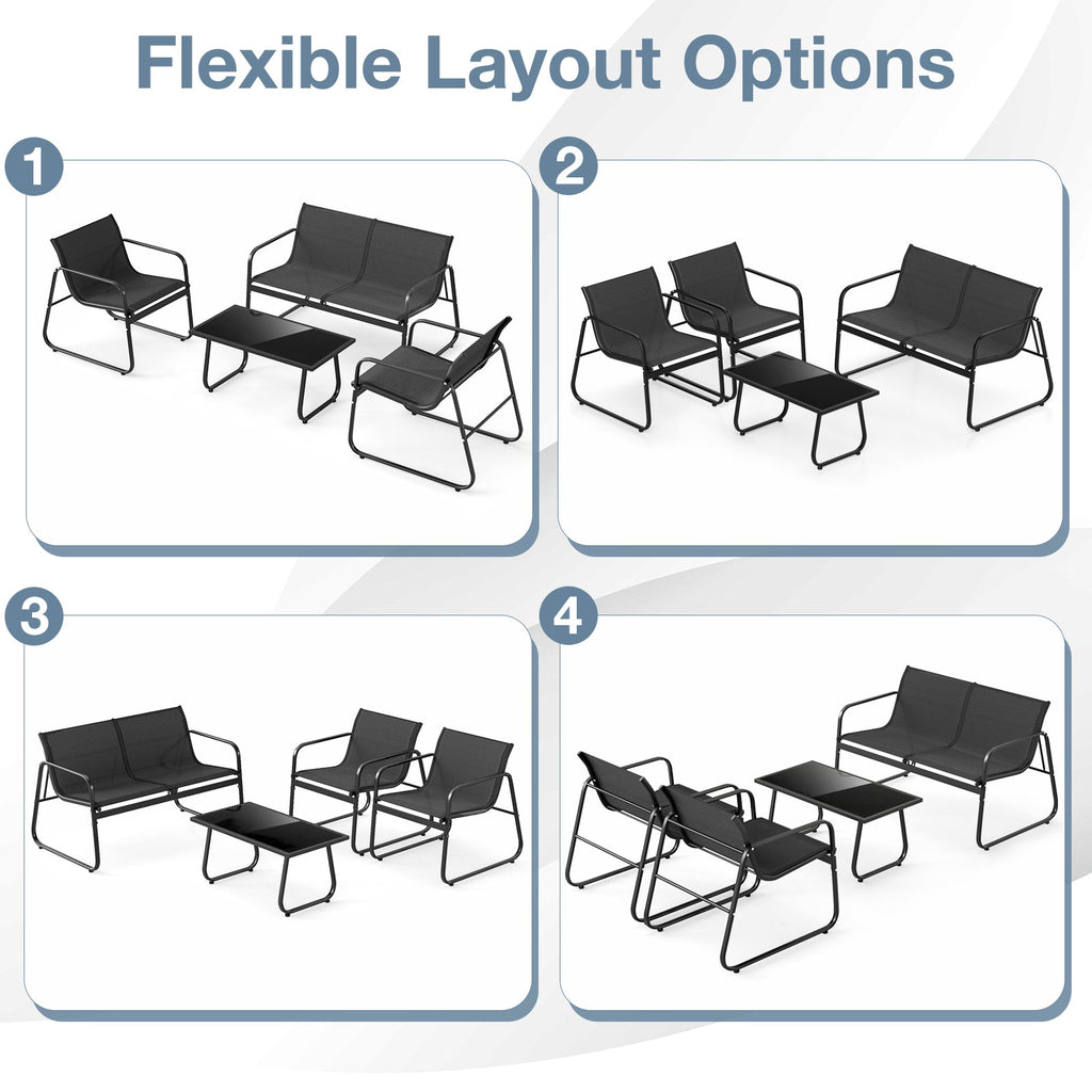 4 Pieces Patio Set Fabric Chairs and Loveseat with Glass Coffee Table