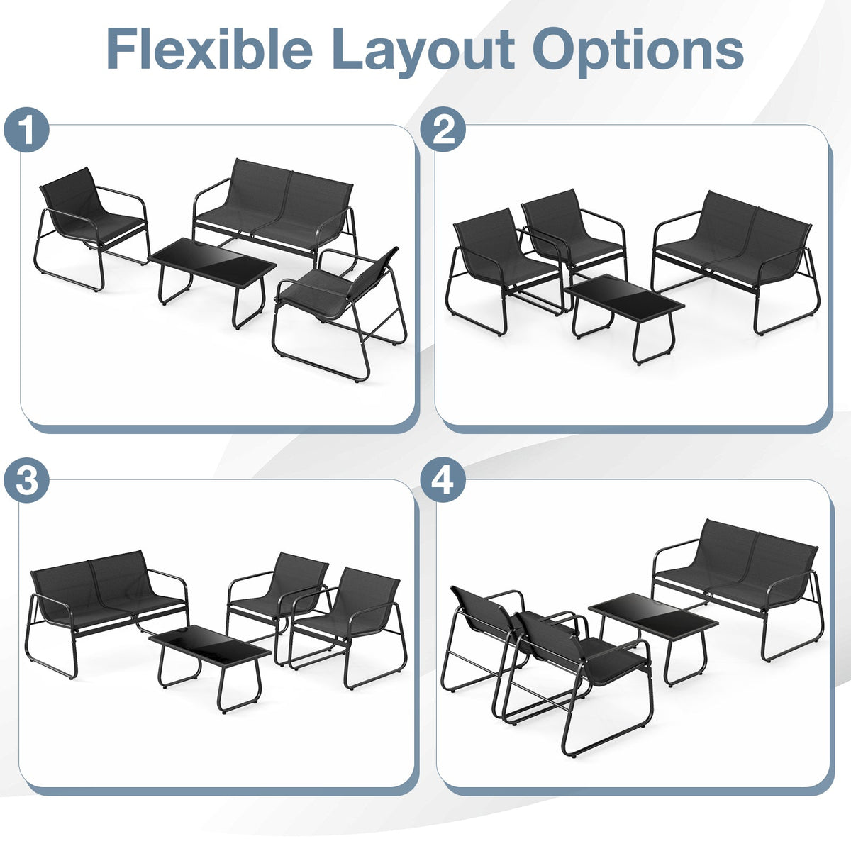 4 Pieces Patio Set Fabric Chairs and Loveseat with Glass Coffee Table
