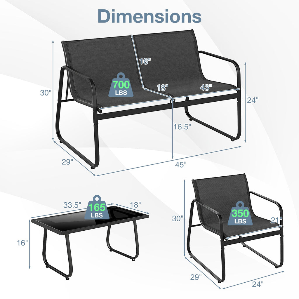 4 Pieces Patio Set Fabric Chairs and Loveseat with Glass Coffee Table