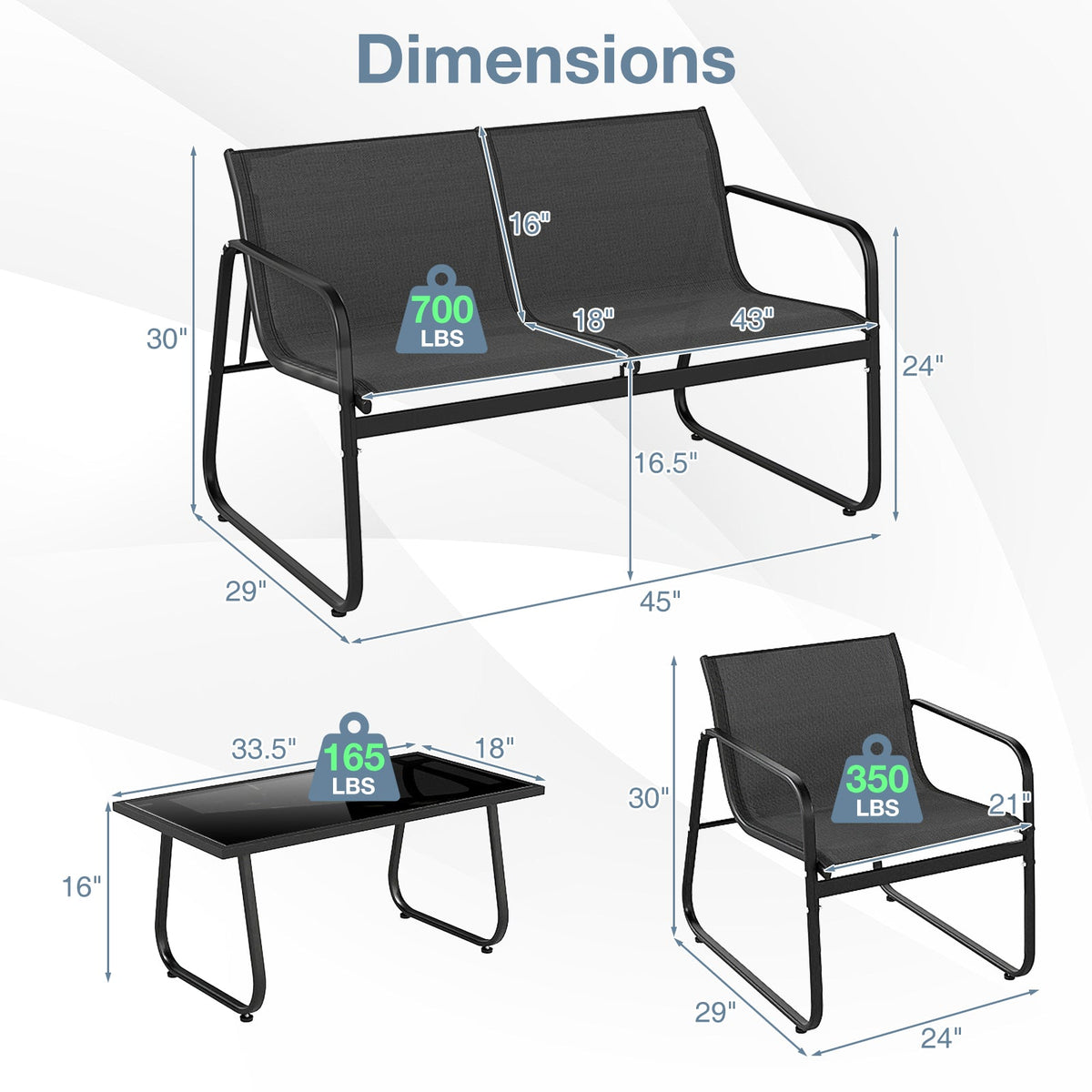 4 Pieces Patio Set Fabric Chairs and Loveseat with Glass Coffee Table
