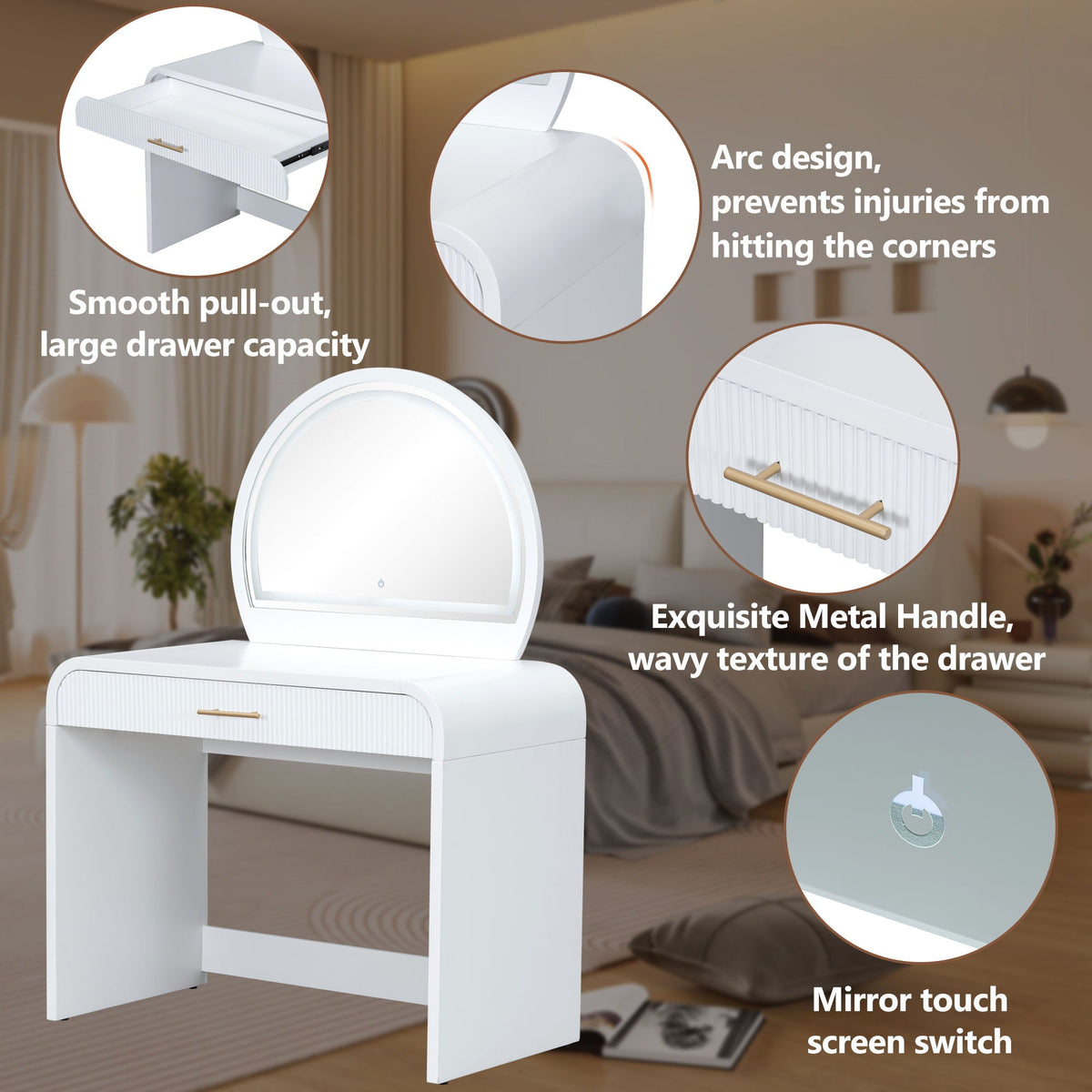 Makeup Vanity Table With Mirror Touch Screen Lighted Mirror