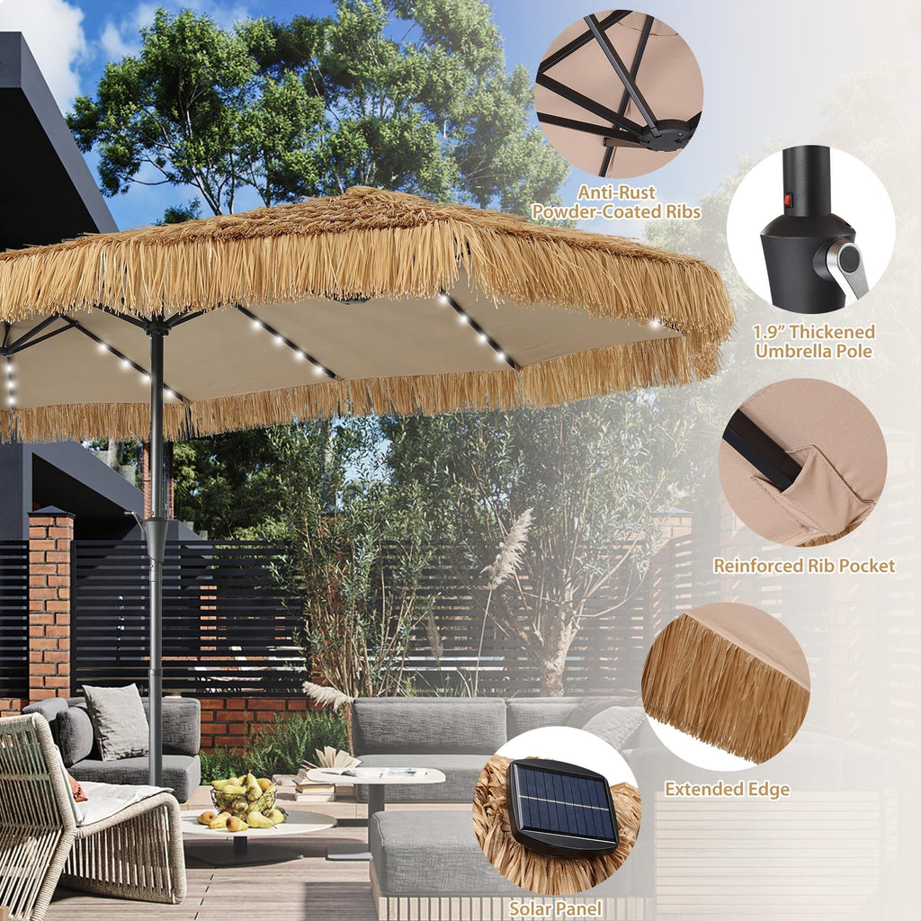 15ft Large Thatched Tiki Patio Umbrella with Lights, Weighted Sandbags
